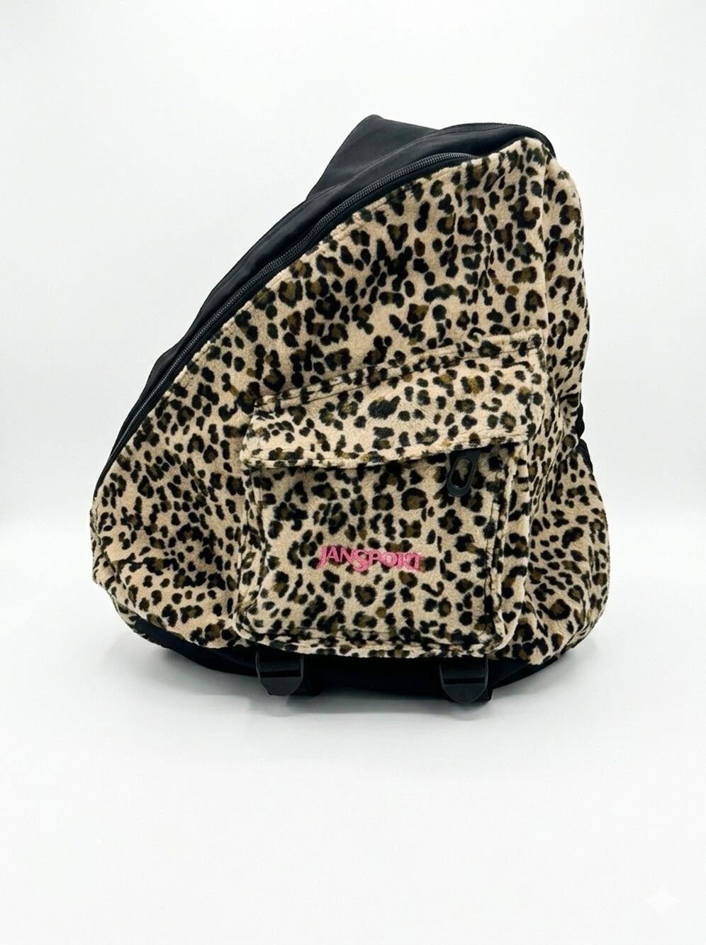 Vtg JanSport Leopard Fleece Sling Bag Backpack Y2K Fuzzy Cheetah Print Pink Logo